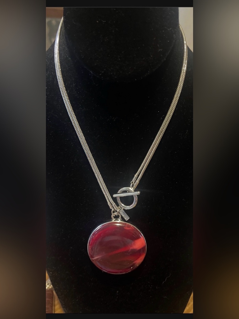 Silver Necklace with Red resin Pendant lane bryant? 17”